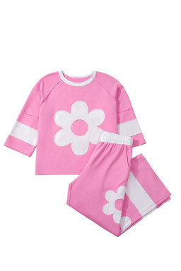 Orchid Bouquet Flower Patched Raw Seam Colorblock Loose Pants Set