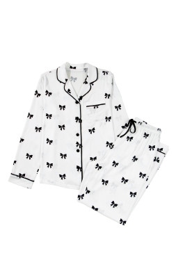 White Bows Print Drawstring Two Piece Pajama Set
