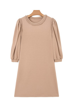 Light French Beige Twist Braided Embellished Puff Sleeve Dress