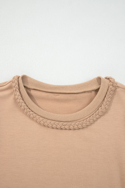 Light French Beige Twist Braided Embellished Puff Sleeve Dress