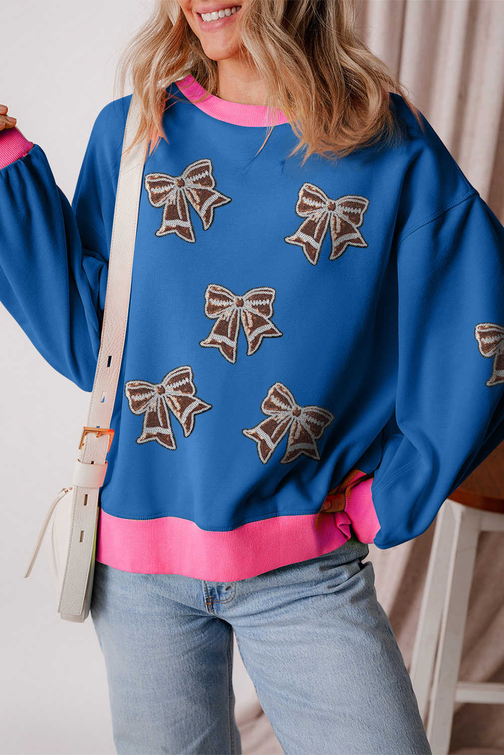 Blue Sequins Patch Bow Colorblock Round Neck Game Day Sweatshirt