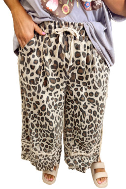 Khaki Exposed Seam Patched Pocket Plus Size Leopard Wide Leg Pants