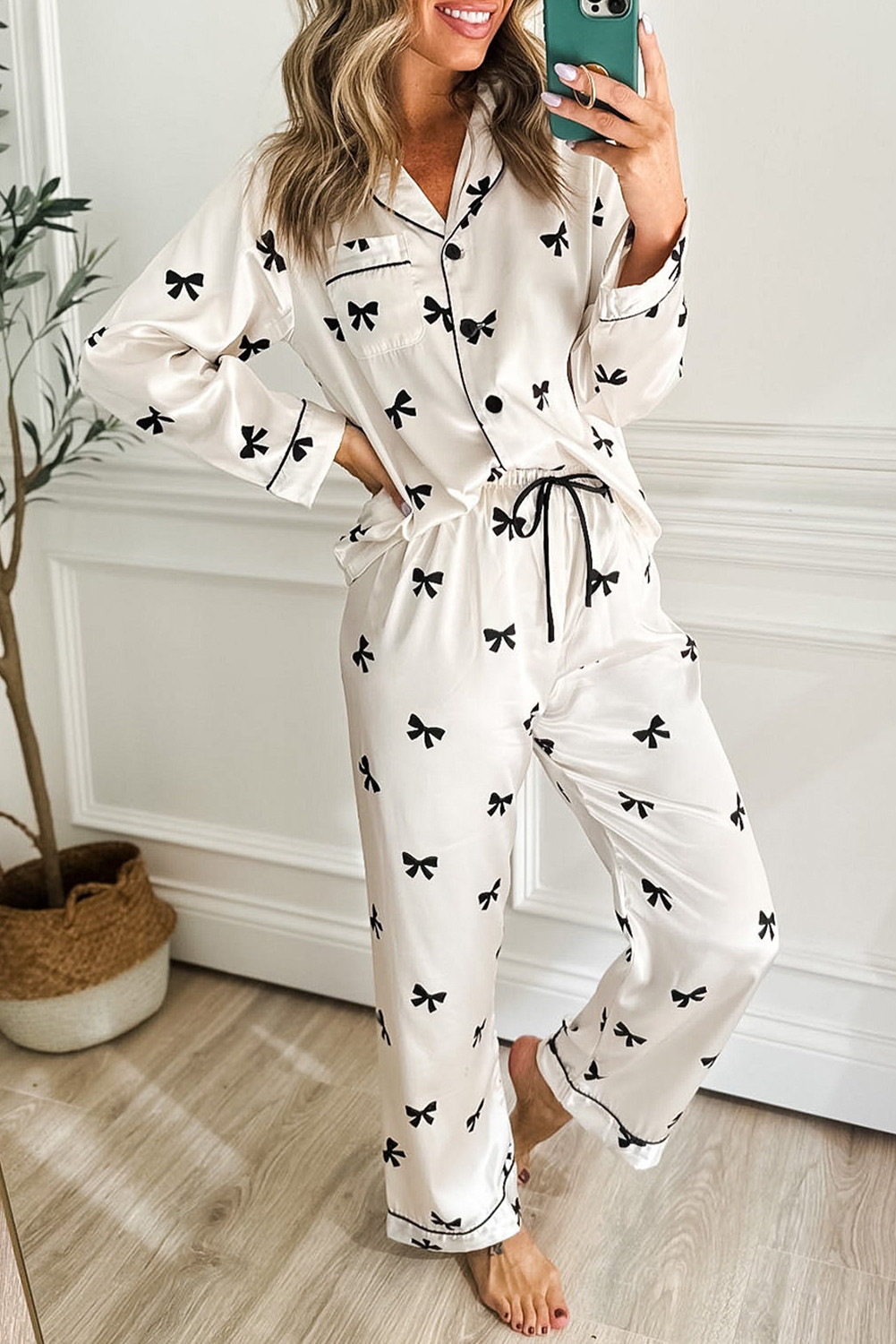 White Bows Print Drawstring Two Piece Pajama Set