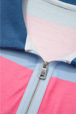 Blue Stripe Colorblock Patchwork Zip-up Plus Size Pullover