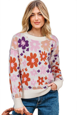 Khaki Vibrant Flower Round Neck Drop Sleeve Sweater