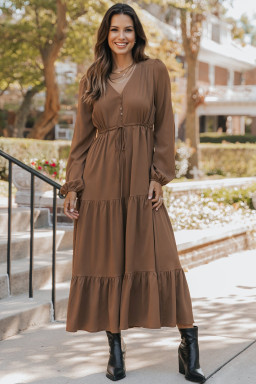 Chestnut Solid Long Sleeve Button V Neck Tiered Maxi Dress