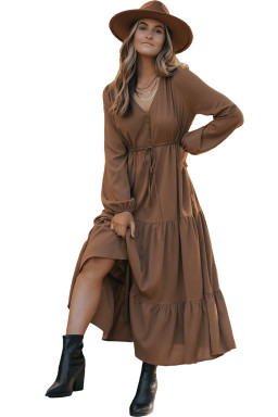 Chestnut Solid Long Sleeve Button V Neck Tiered Maxi Dress