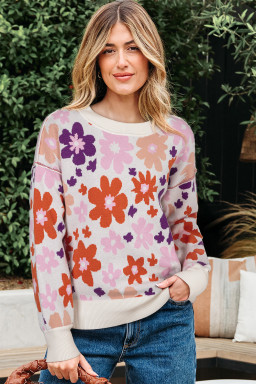 Khaki Vibrant Flower Round Neck Drop Sleeve Sweater