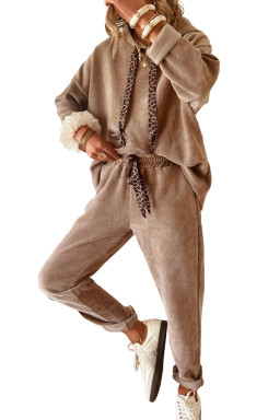 Dark Khaki Drawstring Pullover Hoodie and High Waist Pants Corduroy Suit