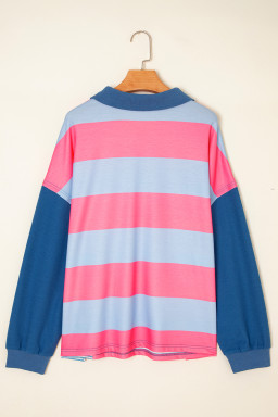 Blue Stripe Colorblock Patchwork Zip-up Plus Size Pullover