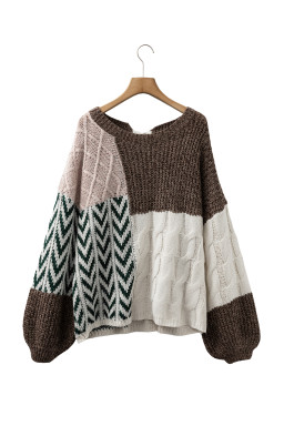 Brown Colorblock Patchwork Knotted Back Loose Fit Sweater