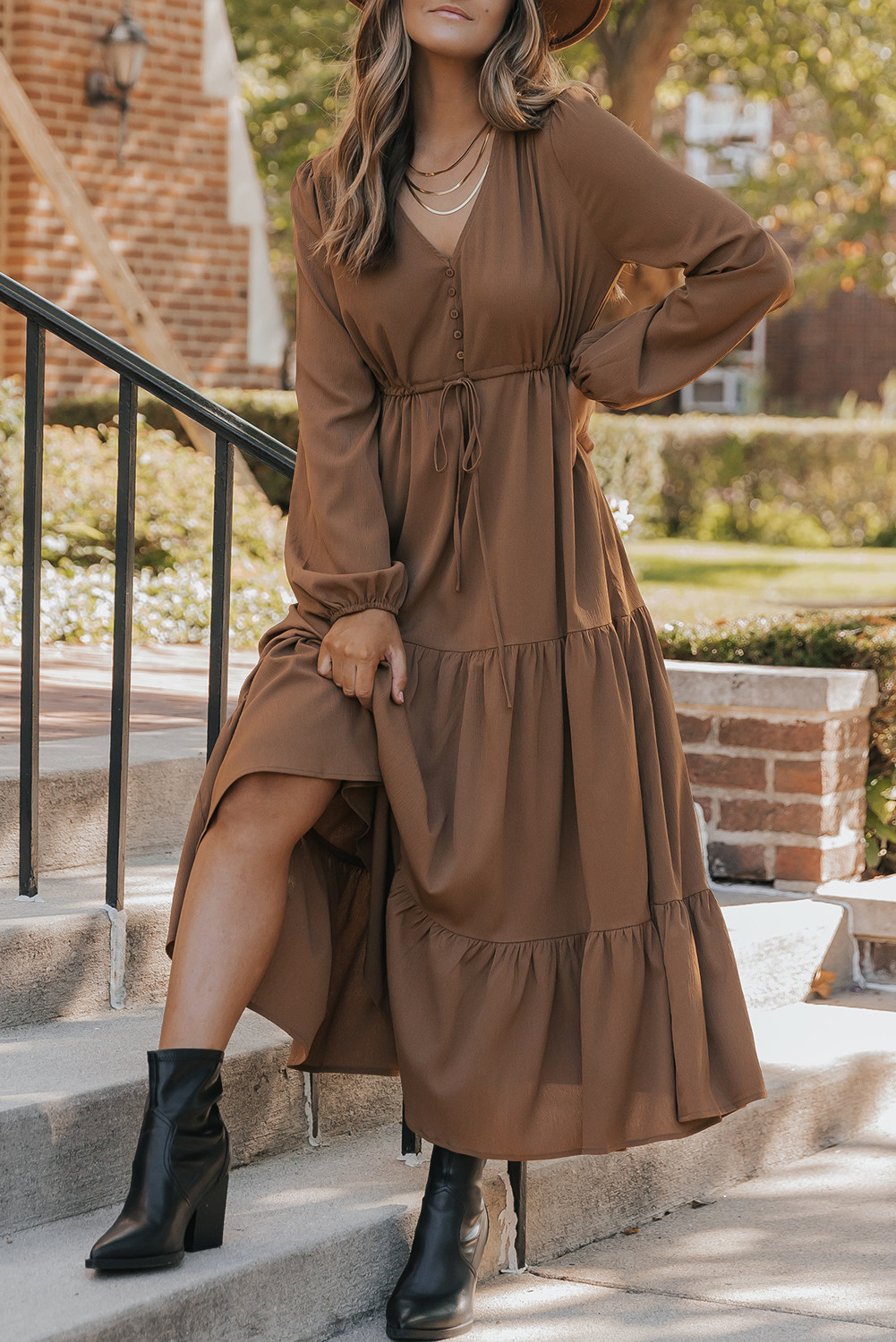 Chestnut Solid Long Sleeve Button V Neck Tiered Maxi Dress