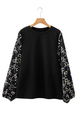 Black Bow Print Sleeve Patchwork Plus Size Blouse