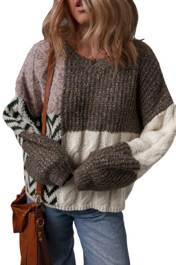 Brown Colorblock Patchwork Knotted Back Loose Fit Sweater