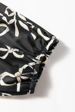 Black Bow Print Sleeve Patchwork Plus Size Blouse