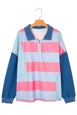 Blue Stripe Colorblock Patchwork Zip-up Plus Size Pullover