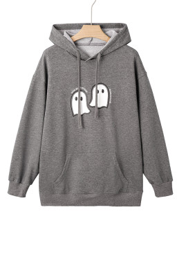 Dark Grey Cute Halloween Ghost Mineral Wash Oversized Hoodie