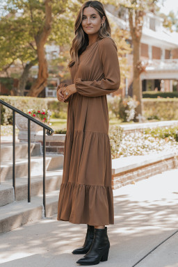 Chestnut Solid Long Sleeve Button V Neck Tiered Maxi Dress