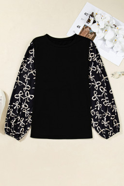 Black Bow Print Sleeve Patchwork Plus Size Blouse