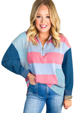 Blue Stripe Colorblock Patchwork Zip-up Plus Size Pullover