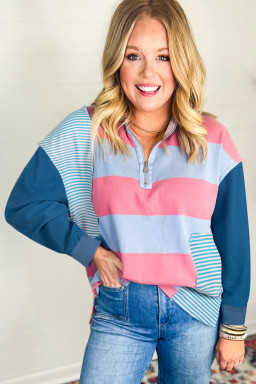 Blue Stripe Colorblock Patchwork Zip-up Plus Size Pullover