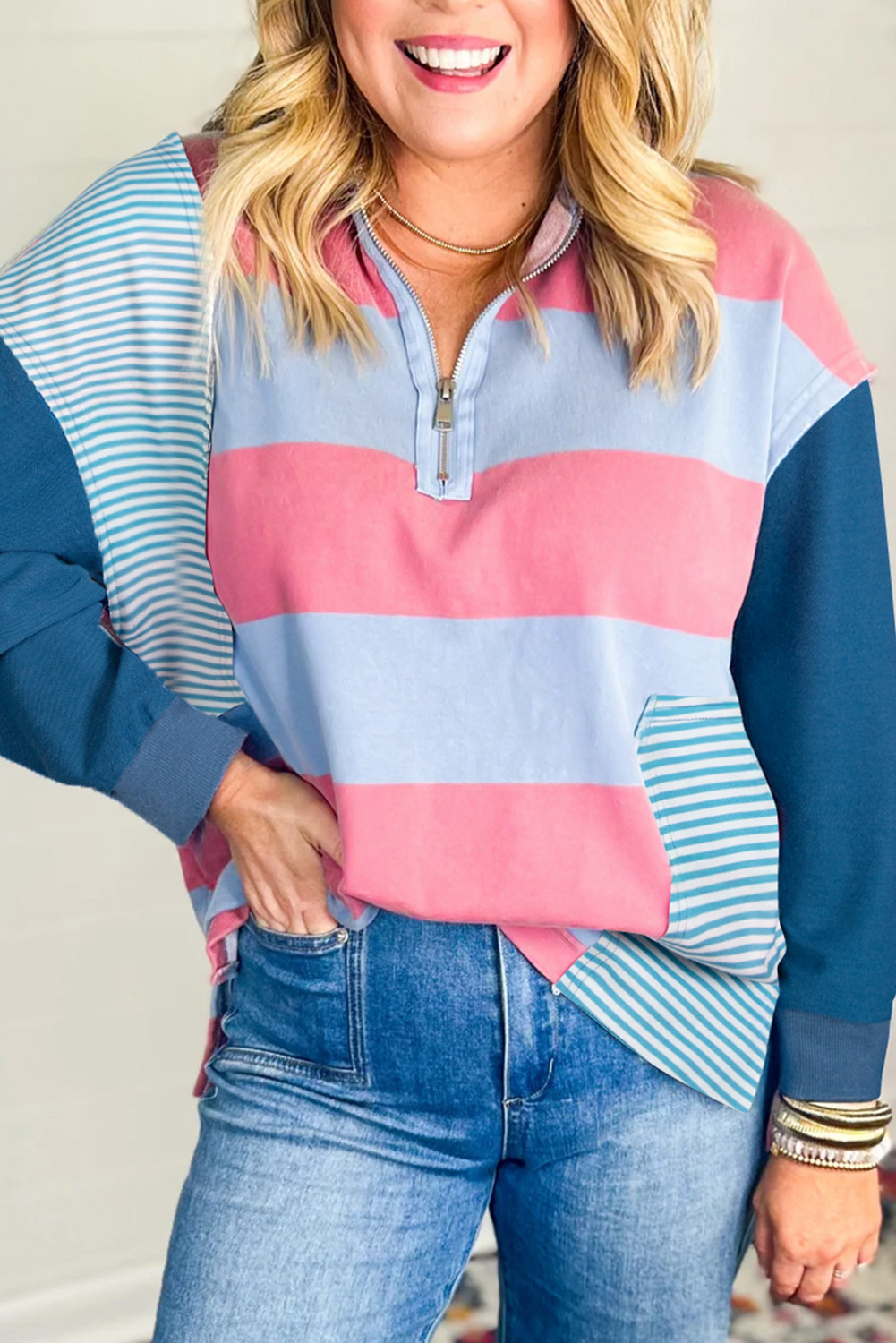 Blue Stripe Colorblock Patchwork Zip-up Plus Size Pullover