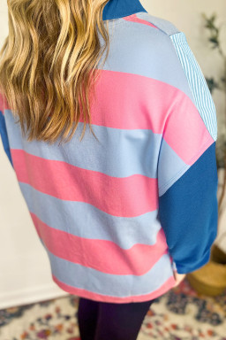 Blue Stripe Colorblock Patchwork Zip-up Plus Size Pullover