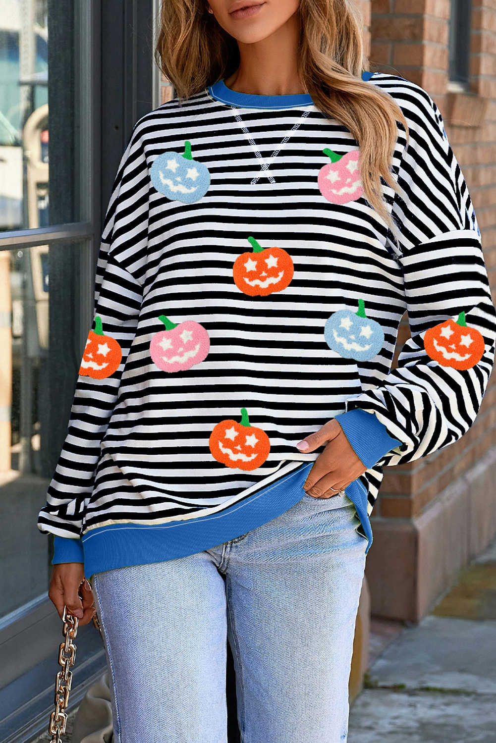 White Stripe Pumpkin Face Patch Application Crew Neck Sweatshirt
