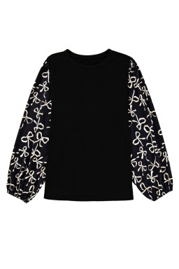 Black Bow Print Sleeve Patchwork Plus Size Blouse