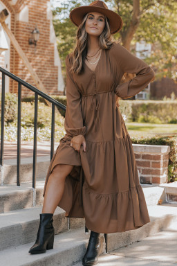 Chestnut Solid Long Sleeve Button V Neck Tiered Maxi Dress