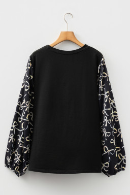 Black Bow Print Sleeve Patchwork Plus Size Blouse