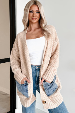 Smoke Gray Open Front Knitted Denim Pocket Patchwork Cardigan