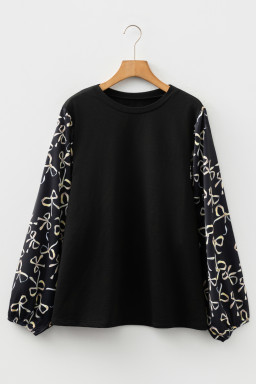 Black Bow Print Sleeve Patchwork Plus Size Blouse