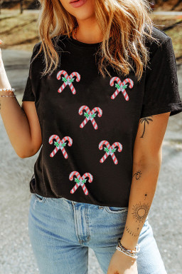 Black Holly Candy Cane Graphic Sequins Patch Christmas T Shirt
