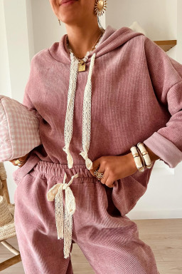 Rose Tan Drawstring Pullover Hoodie and High Waist Pants Corduroy Suit