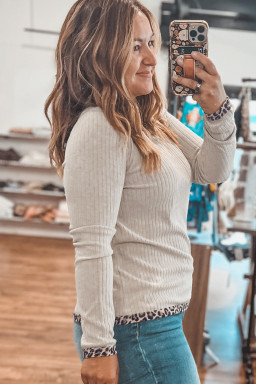 Parchment Ribbed Contrast Leopard Edge Round Neck Plus Size Top
