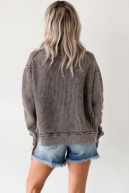 Dark Brown Mineral Wash Exposed Seam Patchwork Knit Cardigan
