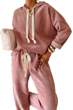 Rose Tan Drawstring Pullover Hoodie and High Waist Pants Corduroy Suit