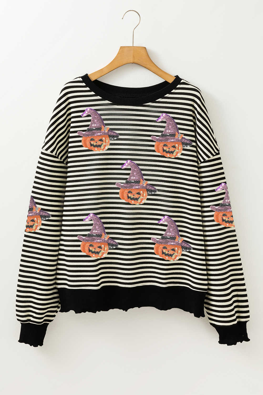 Black Stripe Halloween Pumpkin Witch Sequins Patch Casual Top