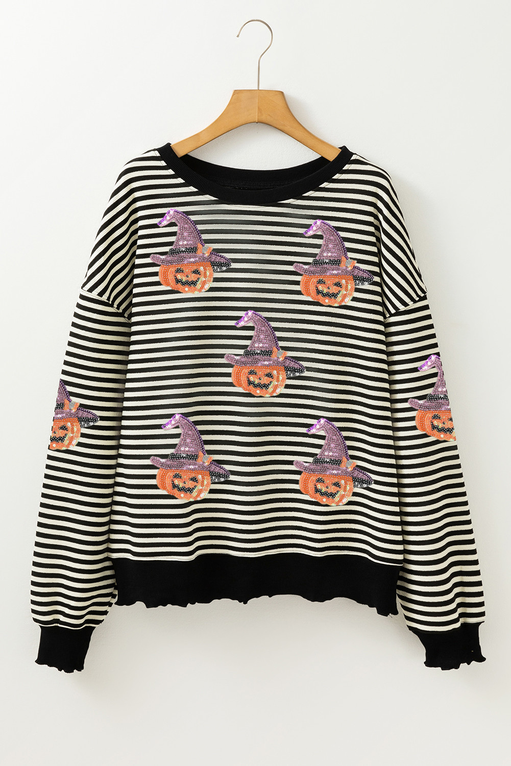 Black Stripe Halloween Pumpkin Witch Sequins Patch Casual Top