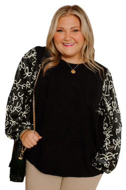 Black Bow Print Sleeve Patchwork Plus Size Blouse