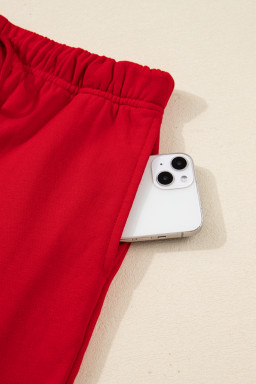 Racing Red Striped Collar Knot Sleeve Sweatshirt and Shorts Set