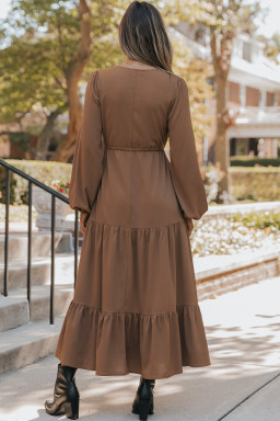 Chestnut Solid Long Sleeve Button V Neck Tiered Maxi Dress