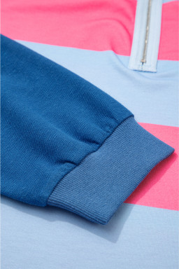 Blue Stripe Colorblock Patchwork Zip-up Plus Size Pullover