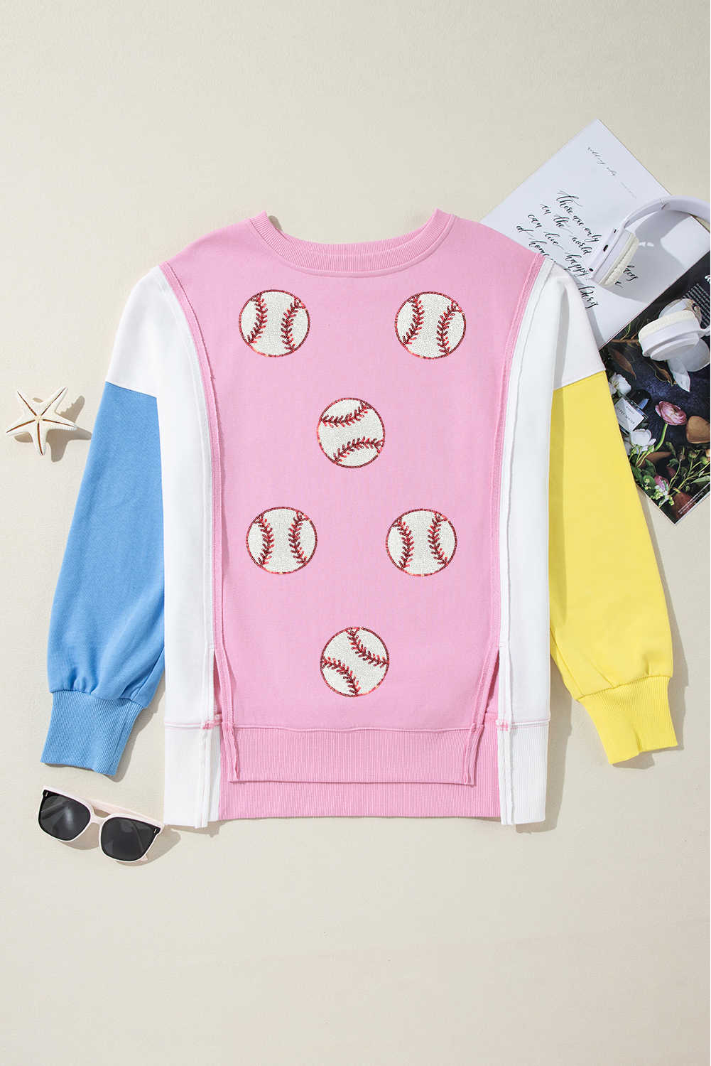 Bonbon Color Block Patchwork Baseball Sequins Patch Sweatshirt