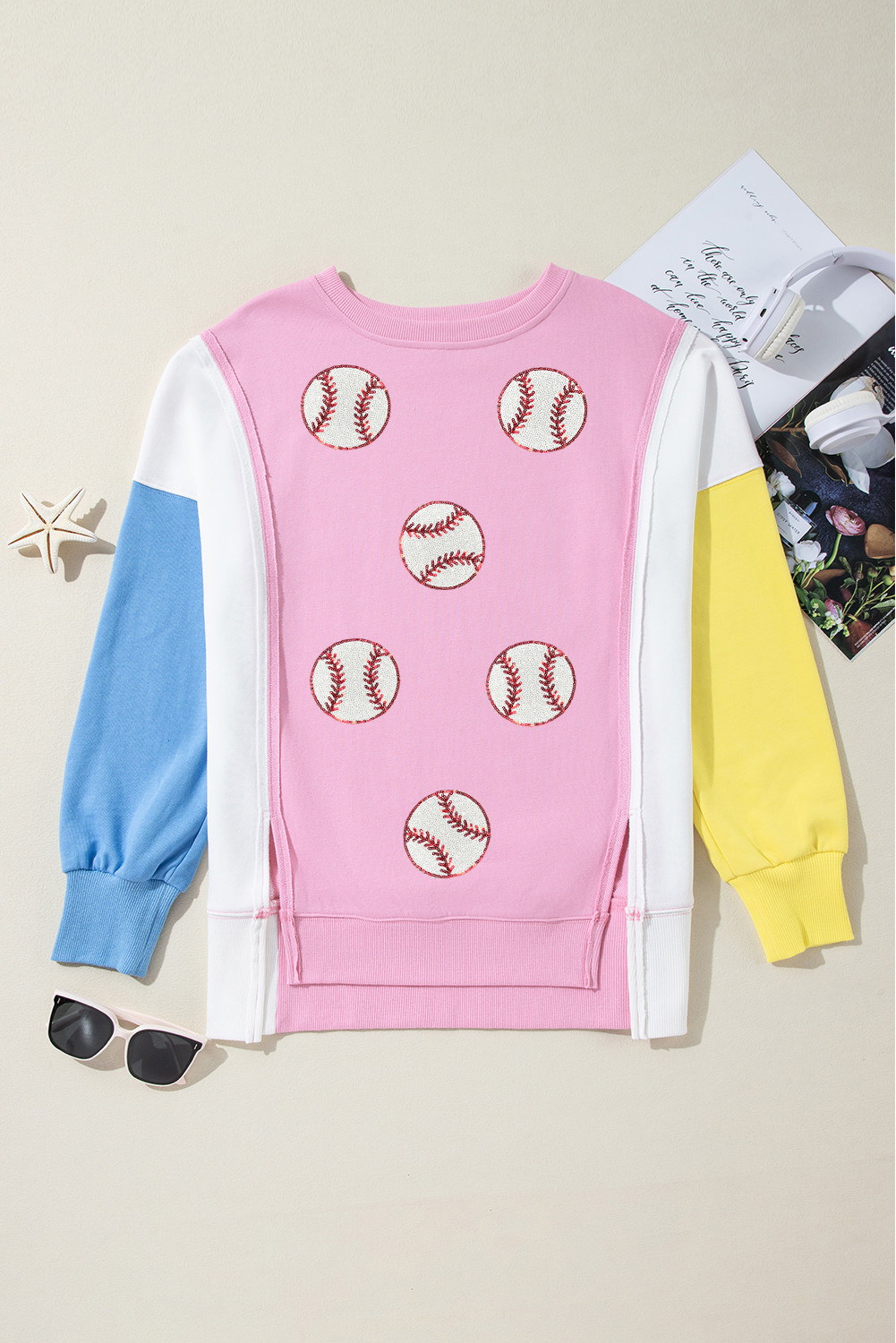 Bonbon Color Block Patchwork Baseball Sequins Patch Sweatshirt