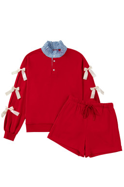 Racing Red Striped Collar Knot Sleeve Sweatshirt and Shorts Set