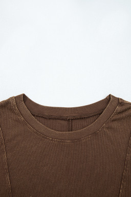 Coffee Exposed Seam Ribbed Long Sleeve Top
