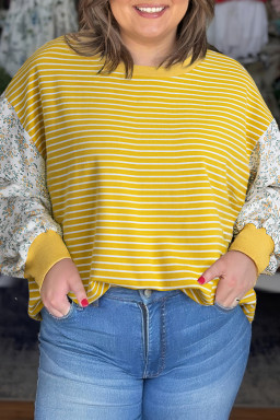 Yellow Striped Floral Patchwork Sleeve Plus Size Loose Top