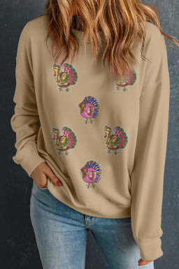 Khaki Thanksgiving Turkey Graphic Sequins Patch Baggy Sweatshirt